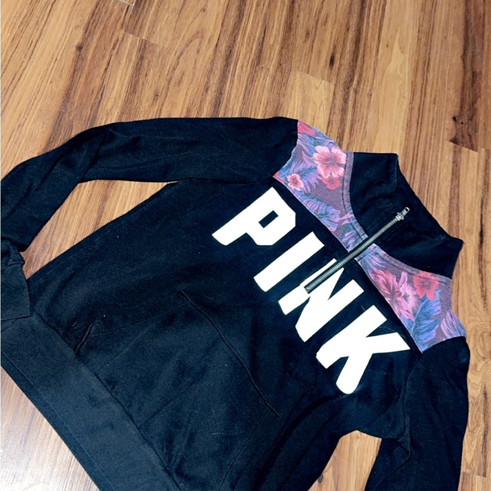 Black PINK Quarter-Zip Sweatshirt with Floral Accents